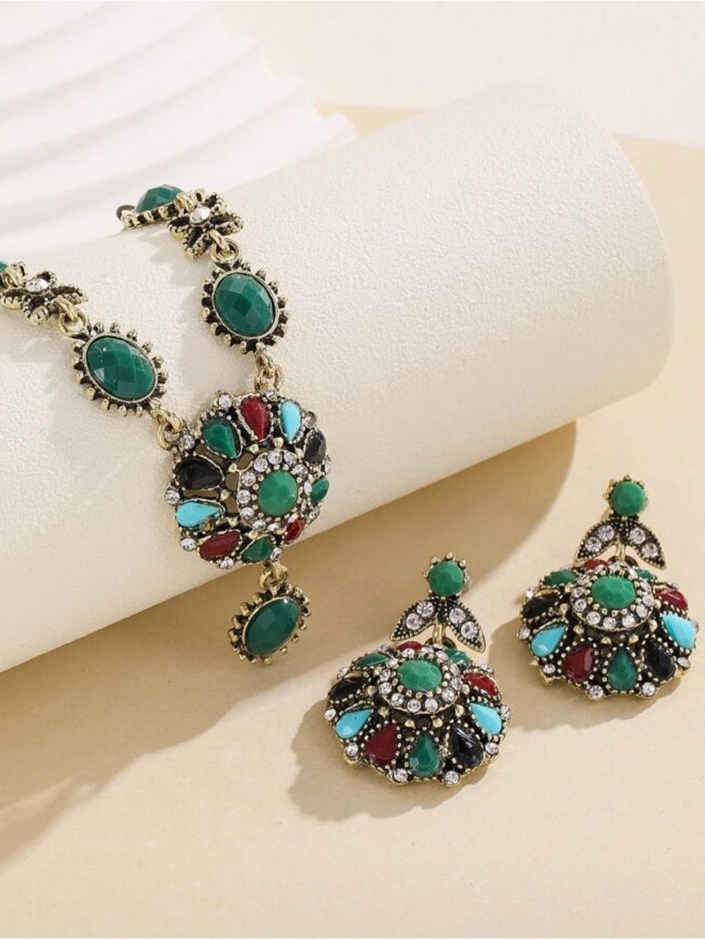 Bohemian Green Multi-Stone Statement Necklace & Earring Set